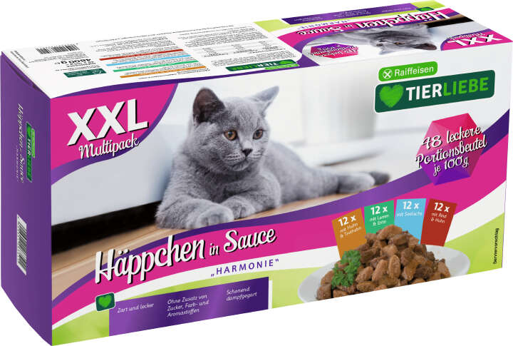 TIERLIEBE Katzen-Nassfutter Häppchen in Sauce Harmonie XXL 48x100g